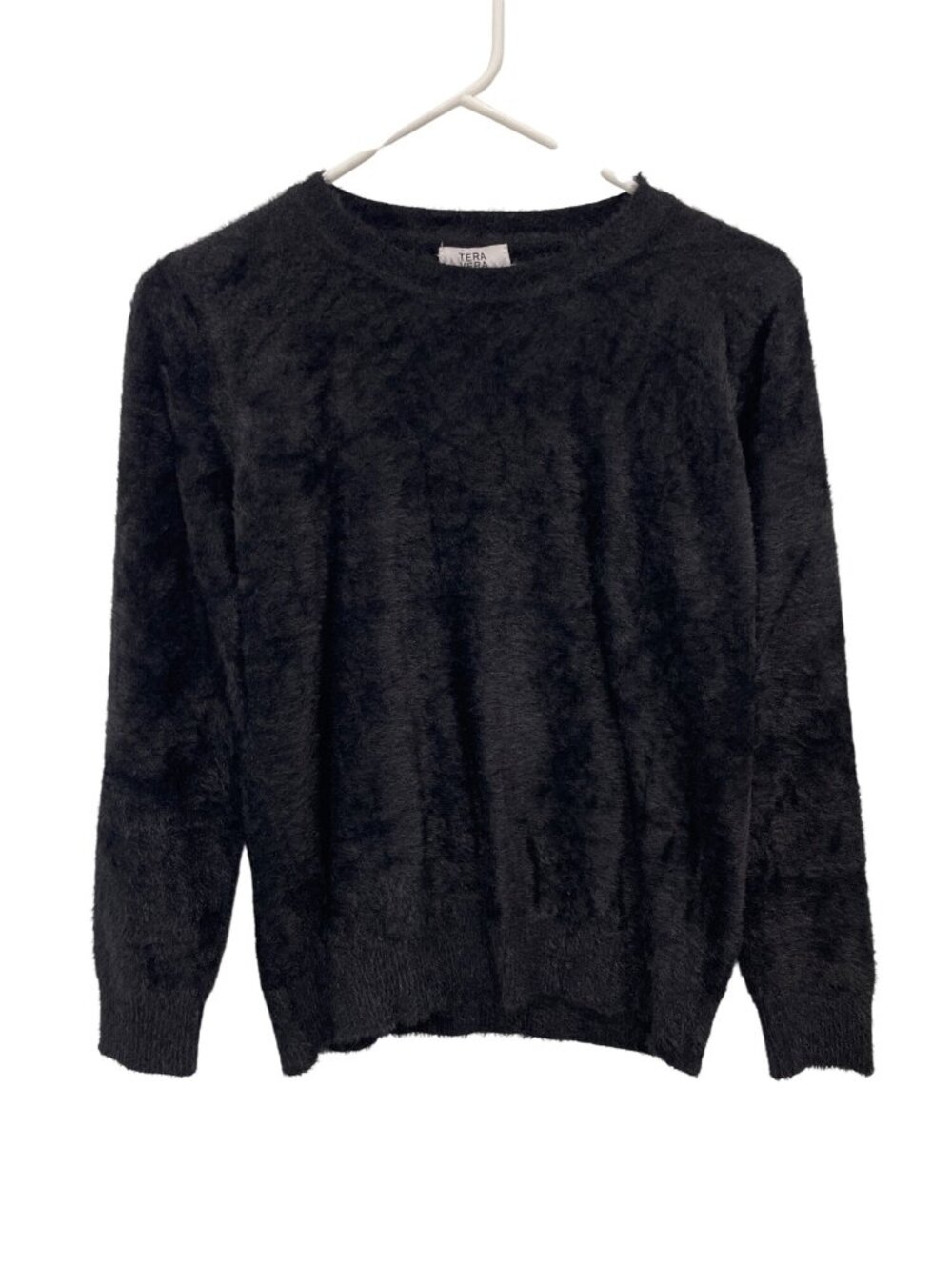 Tera Vera Sweater Small Fuzzy Knit Crewneck Long Sleeve Pullover Black Cozy NEW